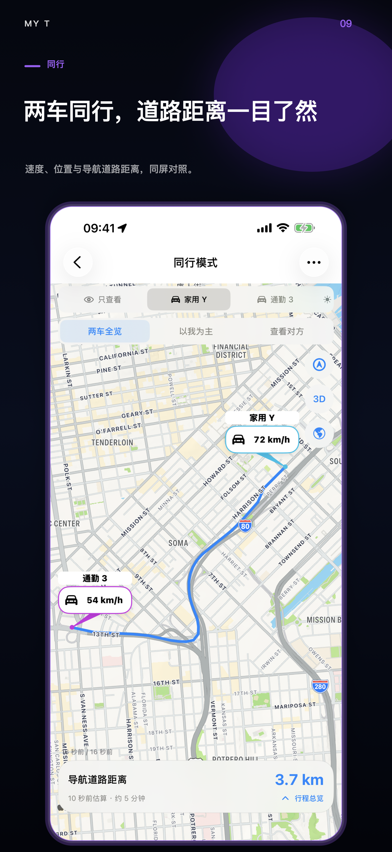 My T 6.01 同行：两辆示范车与导航道路距离